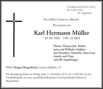 Traueranzeige von Karl Hermann Müller von  Allgemeine  Zeitung Ingelheim-Bingen