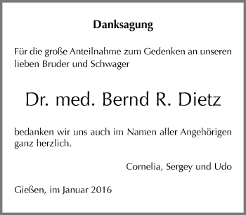 Traueranzeige von Bernd R. Dietz von  Gießener Anzeiger