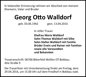 Traueranzeige von Georg Otto Walldorf von  Allgemeine  Zeitung Ingelheim-Bingen