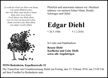Traueranzeige von Edgar Diehl von  Allgemeine Zeitung Mainz