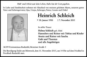 Traueranzeige von Heinrich Schleich von VRM Trauer