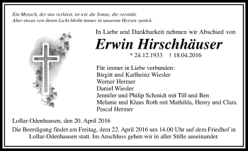 Traueranzeige von Erwin Hirschhäuser von  Gießener Anzeiger