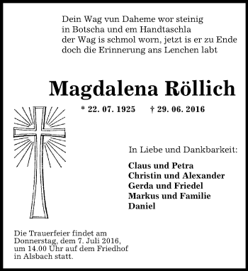 Traueranzeige von Magdalena Röllich von Trauerportal Echo Online