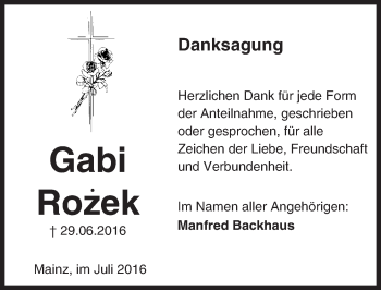 Traueranzeige von Gabi Rozek von Trauerportal Rhein Main Presse
