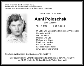 Traueranzeige von Anni Poloschek von  Gießener Anzeiger