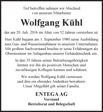 Traueranzeige von Wolfgang Kühl von Trauerportal Echo Online
