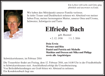 Traueranzeige von Elfriede Bach von  Tipp