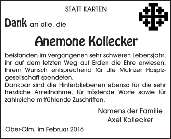 Traueranzeige von Anemone Kollecker von  Allgemeine Zeitung Mainz