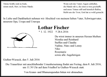 Traueranzeige von Lothar Fischer von  Gießener Anzeiger