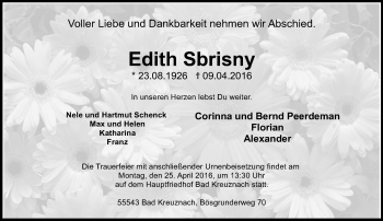 Traueranzeige von Edith Sbrisny von  Allg. Zeitung Bad Kreuznach