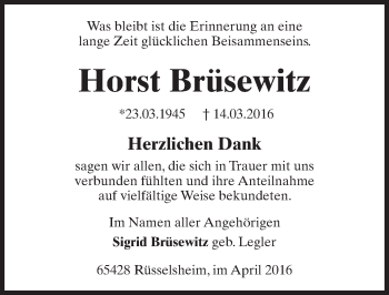 Traueranzeige von Horst Brüsewitz von trauer.echo-online.de Traueranzeige von Horst Brüsewitz von trauer.echo-online.de