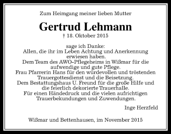 Traueranzeige von Gertrud Lehmann von  Gießener Anzeiger