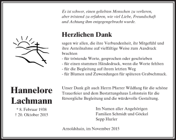 Traueranzeige von Hannelore Lachmann von  Usinger Anzeiger