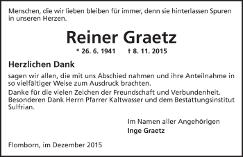 Traueranzeige von Reiner Graetz von  Allgemeine Zeitung Alzey