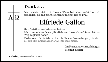 Traueranzeige von Elfriede Gallon von  Allg. Zeitung Bad Kreuznach