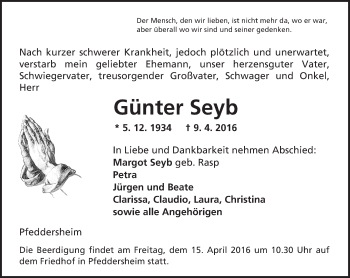 Traueranzeige von Günter Seyb von  Wormser Zeitung