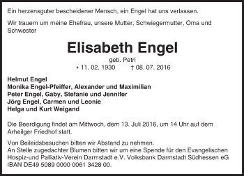 Traueranzeige von Elisabeth Engel von Trauerportal Echo Online