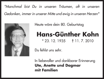 Traueranzeige von Hans-Günther Kohn von  Allgemeine Zeitung Mainz