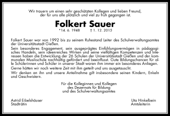 Traueranzeige von Folkert Sauer von  Gießener Anzeiger