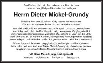 Traueranzeige von Dieter Mickel-Grundy von  Kreisanzeiger