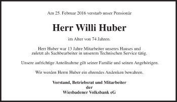 Traueranzeige von Willi Huber von trauer.rmp.de