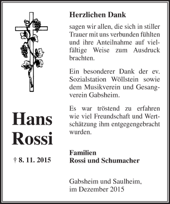 Traueranzeige von Hans Rossi von  Allgemeine Zeitung Alzey