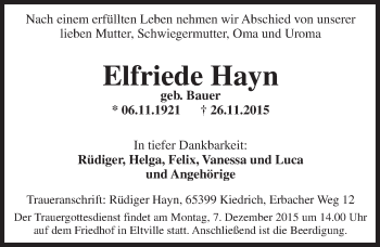 Traueranzeige von Elfriede Hayn von  Rheingau