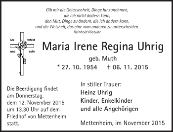 Traueranzeige von Maria Irene Regina Uhrig von  Wormser Zeitung