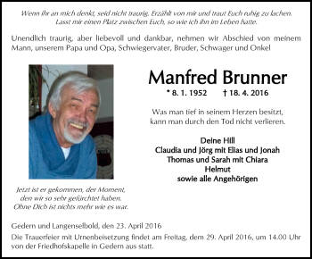 Traueranzeige von Manfred Brunner von  Kreisanzeiger