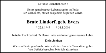 Traueranzeige von Beate Lindorf von  Wiesbaden komplett