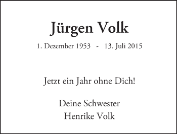 Traueranzeige von Jürgen Volk von Trauerportal Echo Online