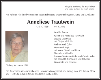 Traueranzeige von Anneliese Trautwein von  Gießener Anzeiger