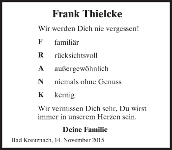 Traueranzeige von Frank Thielcke von  Allg. Zeitung Bad Kreuznach