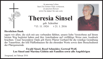 Traueranzeige von Theresia Sinsel von  GT am Sonntag