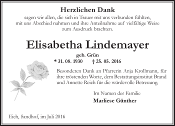 Traueranzeige von Elisabetha Lindemayer von Trauerportal Rhein Main Presse