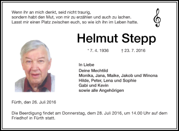 Traueranzeige von Helmut Stepp von Trauerportal Echo Online