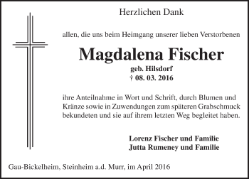 Traueranzeige von Magdalena Fischer von  Allgemeine Zeitung Alzey