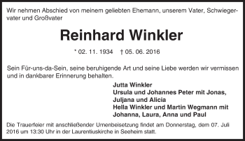 Traueranzeige von Reinhard Winkler von Trauerportal Rhein Main Presse