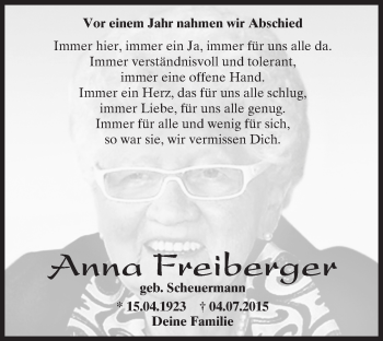 Traueranzeige von Anna Freiberger von Trauerportal Echo Online