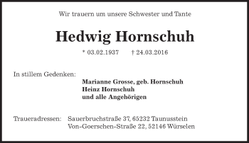 Traueranzeige von Hedwig Hornschuh von  Wiesbaden komplett