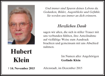 Traueranzeige von Hubert Klein von  Sonntags Anzeiger