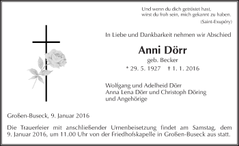 Traueranzeige von Anni Dörr von  Gießener Anzeiger