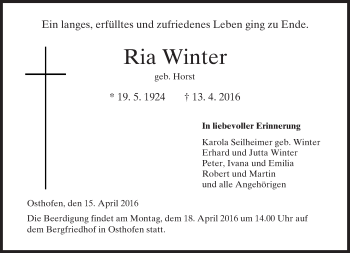 Traueranzeige von Ria Winter von  Wormser Zeitung