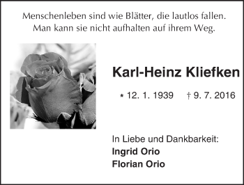 Traueranzeige von Karl-Heinz Kliefken von Trauerportal Echo Online