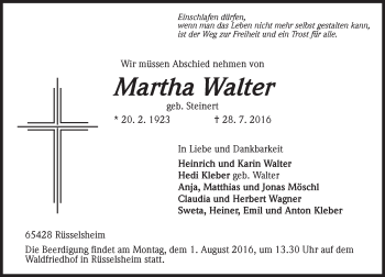 Traueranzeige von Martha Walter von Trauerportal Rhein Main Presse