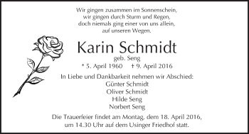 Traueranzeige von Karin Schmidt von  Usinger Anzeiger