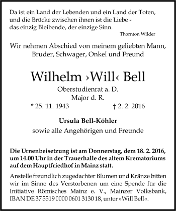 Traueranzeige von Wilhelm Bell von  Allgemeine Zeitung Mainz