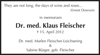Traueranzeige von Klaus Fleischer von  WK-UTA/Aar-Bote