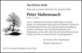 Traueranzeige von Peter Stubenrauch von Trauerportal Echo Online