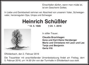 Traueranzeige von Heinrich Schüßler von  Kreisanzeiger
